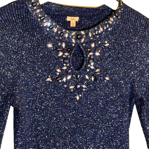Reba Sweater Women's L Glitter Holiday Blue Party Metallic Ribbed Jewel Swiftie - Picture 5 of 9
